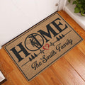 Lineman doormat styled at a home entrance on warm wood flooring beside a white door
