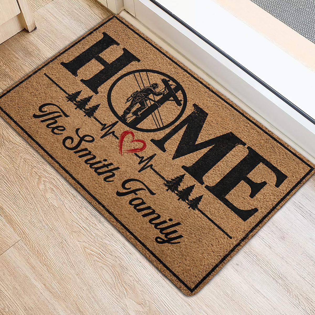 Lineman entryway mat displayed near a doorway with utility worker artwork and forest accents
