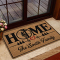 Lineman doormat presented in a home entrance with glass doors, wood trim and family-style artwork