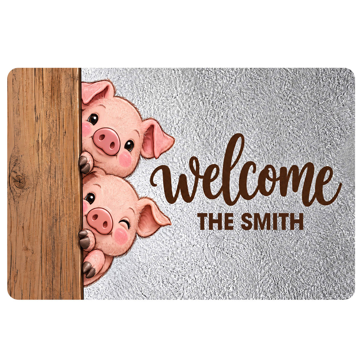 Playful pink pig doormat design with a wood door graphic and welcoming entryway artwork
