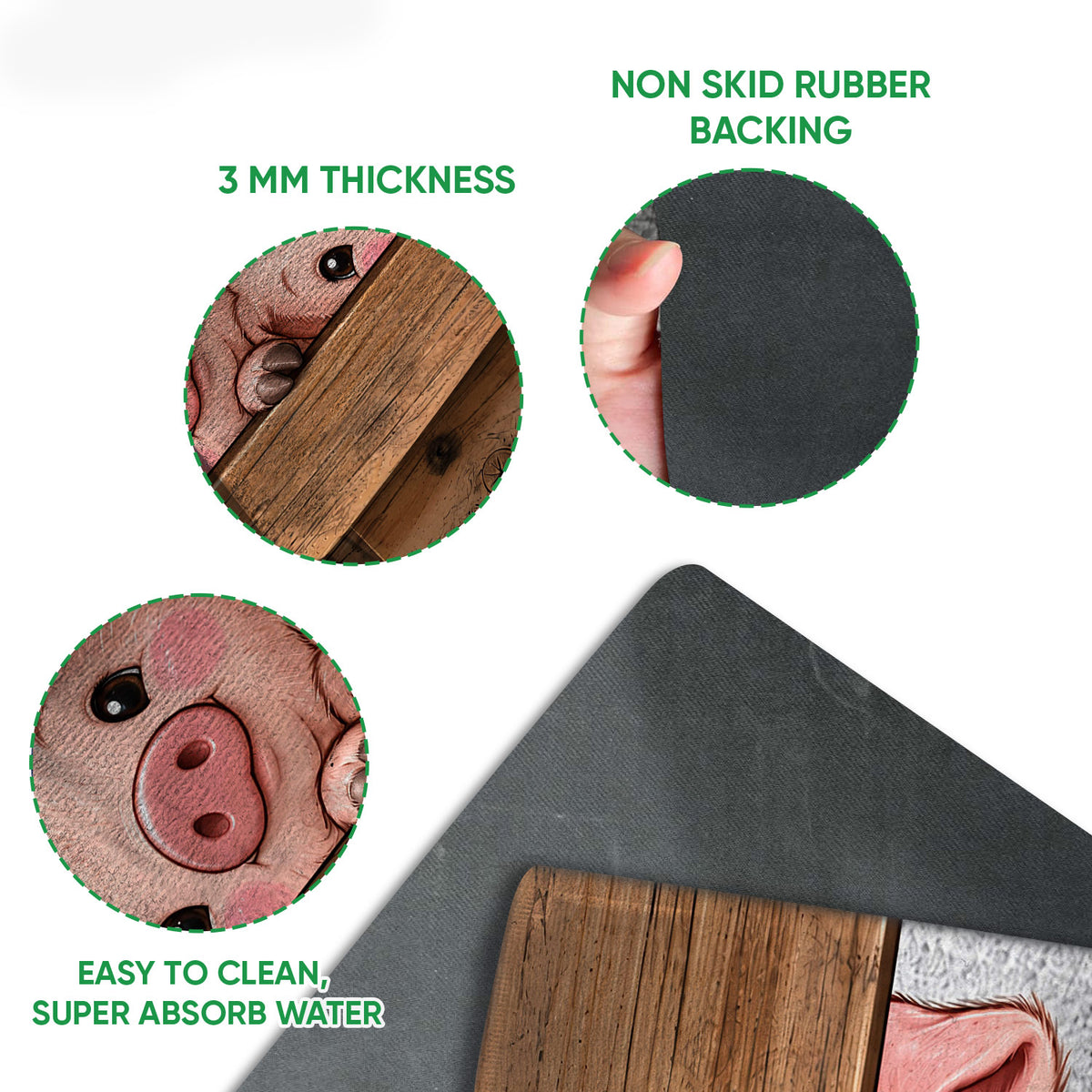 Close-up feature view of pig artwork and the doormat's textured rubber backing