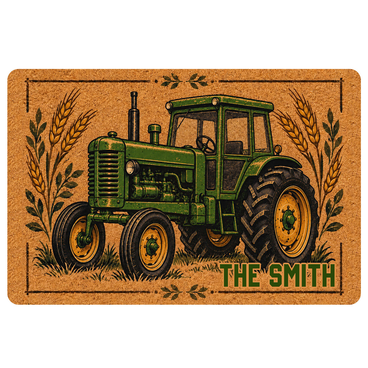 Vintage-style green tractor doormat with wheat stalks, grassy details, and a rustic tan background