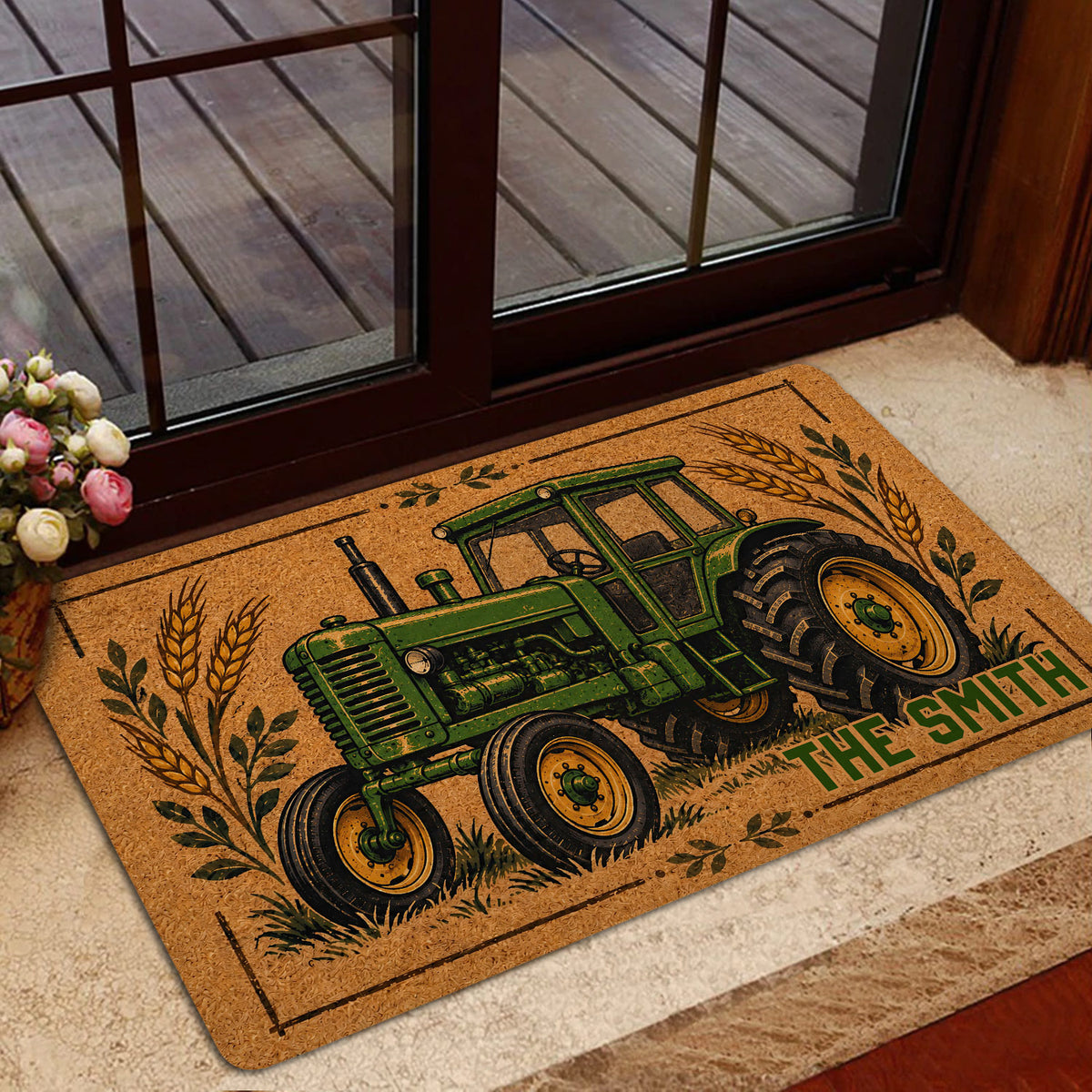 Rustic green tractor doormat styled at a glass entry door with farm-inspired artwork
