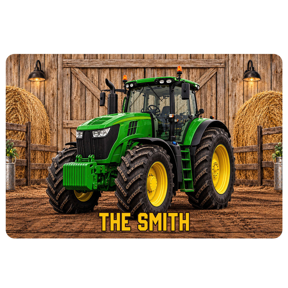 Printed tractor doormat featuring a green farm tractor, barn wood, hay bales, and bold lettering