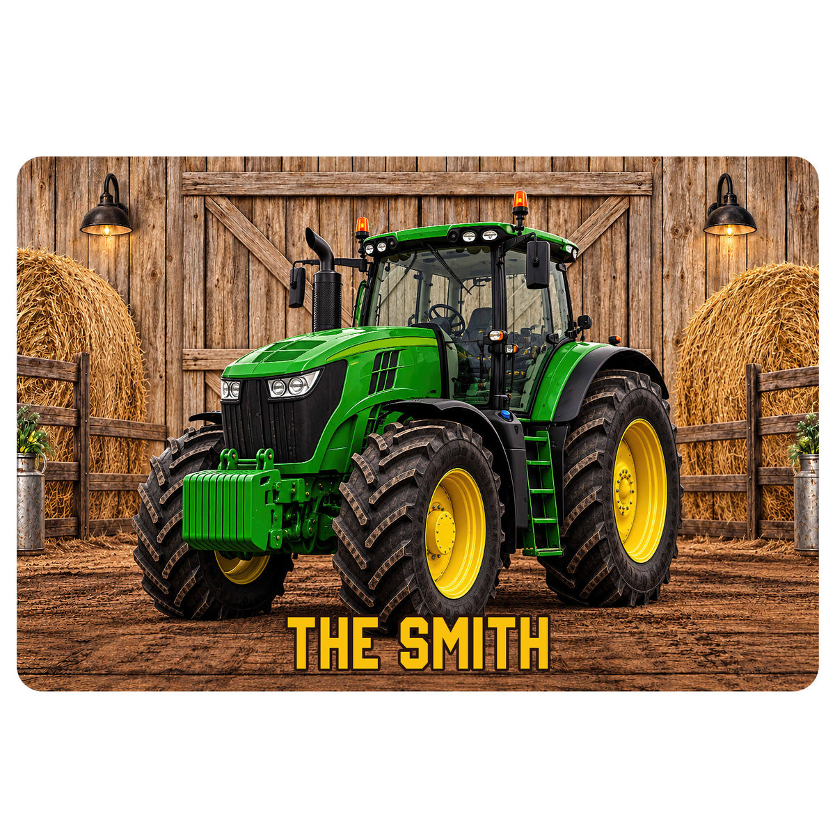 Printed tractor doormat featuring a green farm tractor, barn wood, hay bales, and bold lettering
