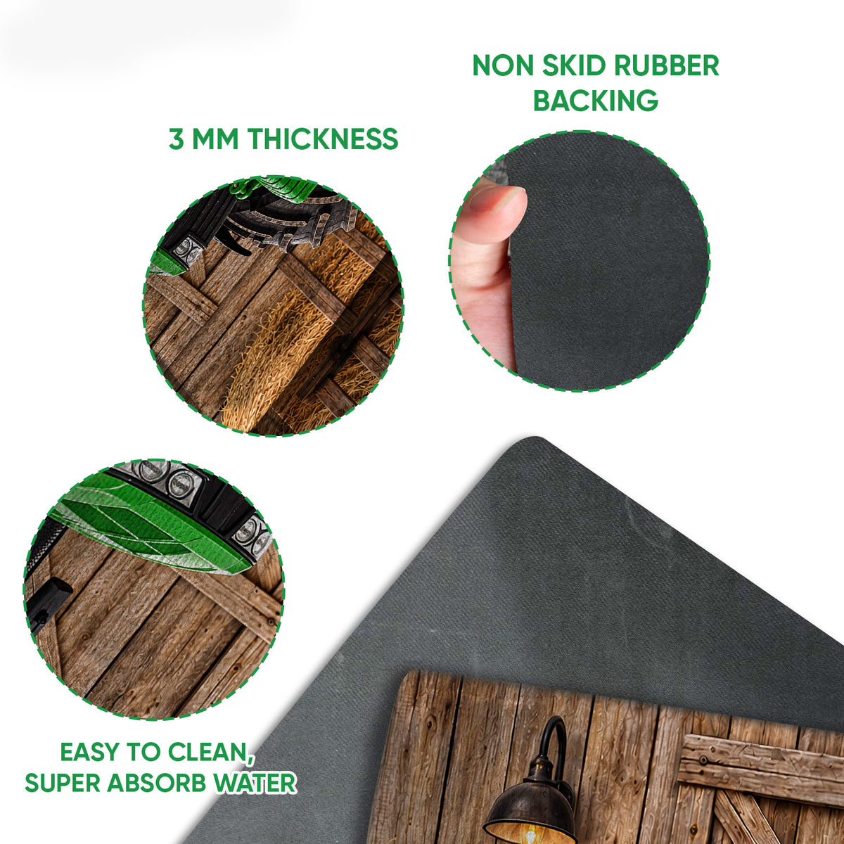 Feature view of tractor doormat artwork with close-ups of the printed surface and dark rubber backing