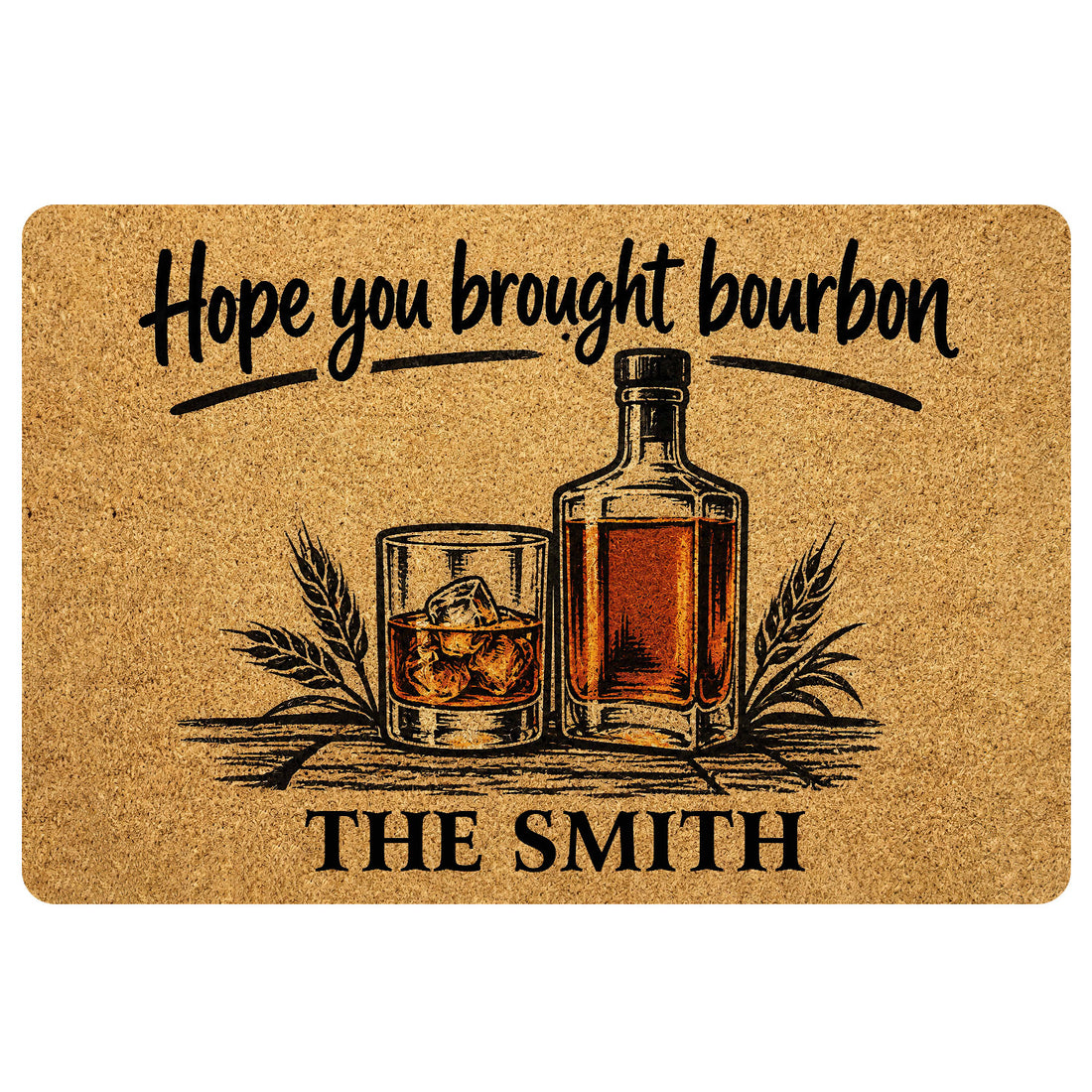Bourbon doormat featuring a bottle, whiskey glass, wheat accents and a warm rustic entryway design