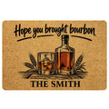 Bourbon doormat featuring a bottle, whiskey glass, wheat accents and a warm rustic entryway design