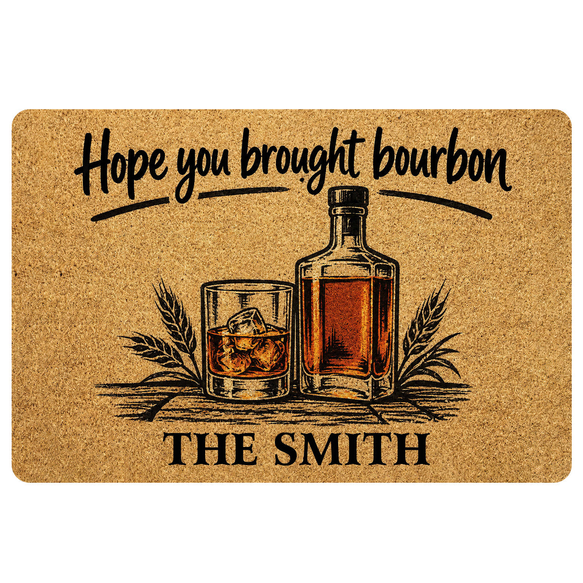 Bourbon doormat featuring a bottle, whiskey glass, wheat accents and a warm rustic entryway design