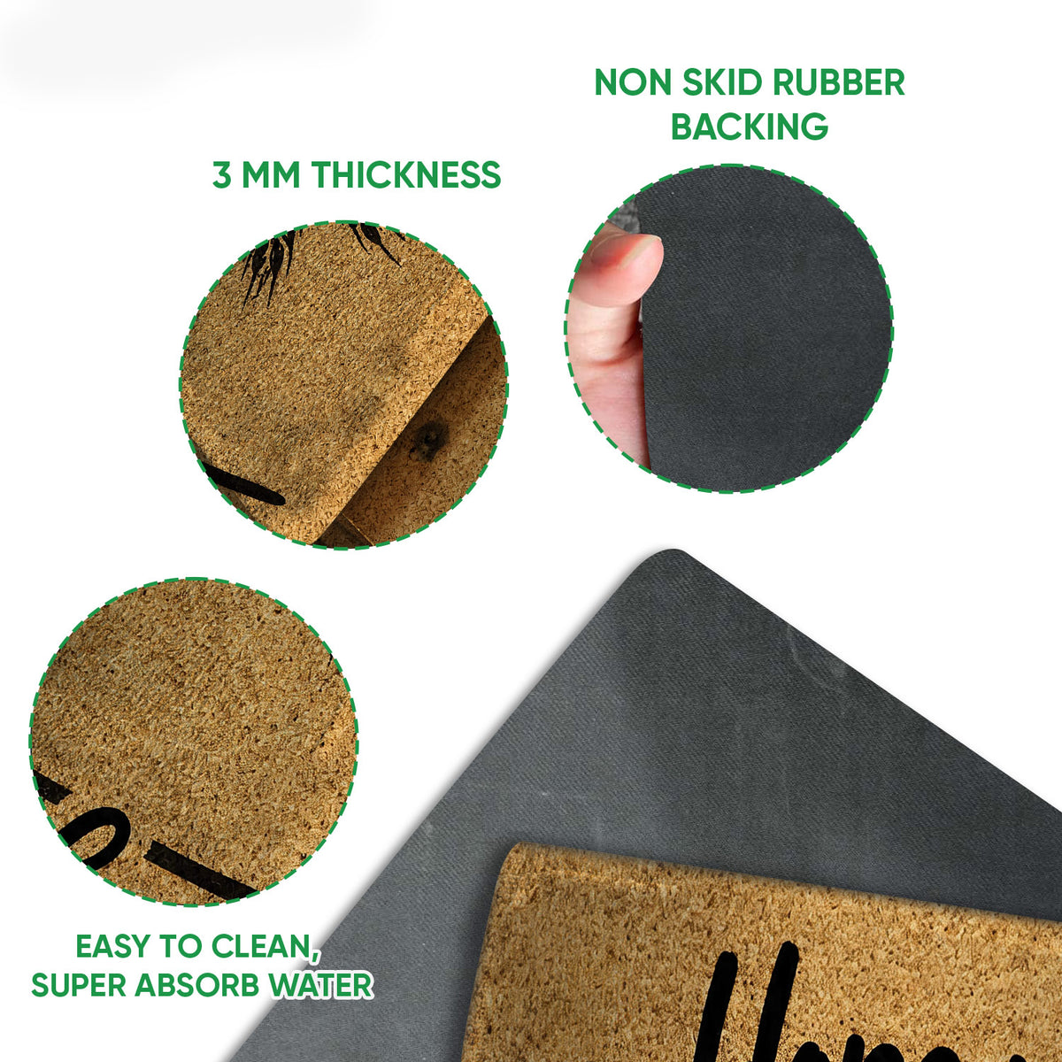 Close-up view of bourbon doormat surface and black rubber backing with thickness and traction details