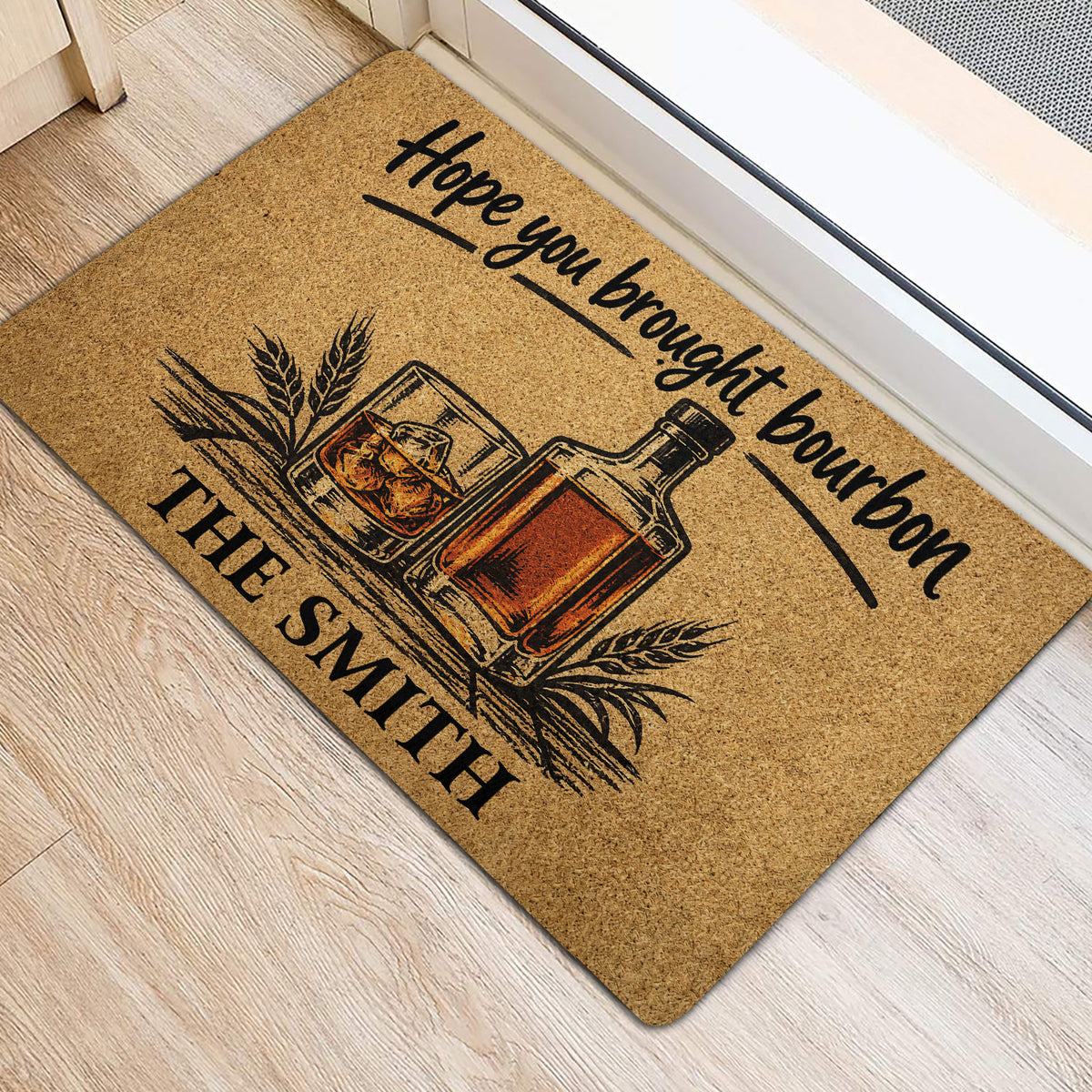 Rustic bourbon-themed door mat with bottle, whiskey glass and wheat artwork beside an entry door