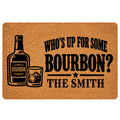 Bourbon-themed doormat with a bottle and whiskey glass illustration in bold black and tan artwork