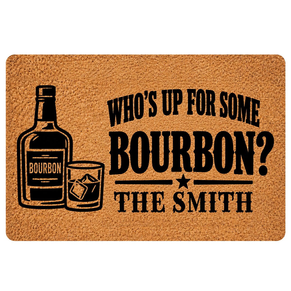 Bourbon-themed doormat with a bottle and whiskey glass illustration in bold black and tan artwork