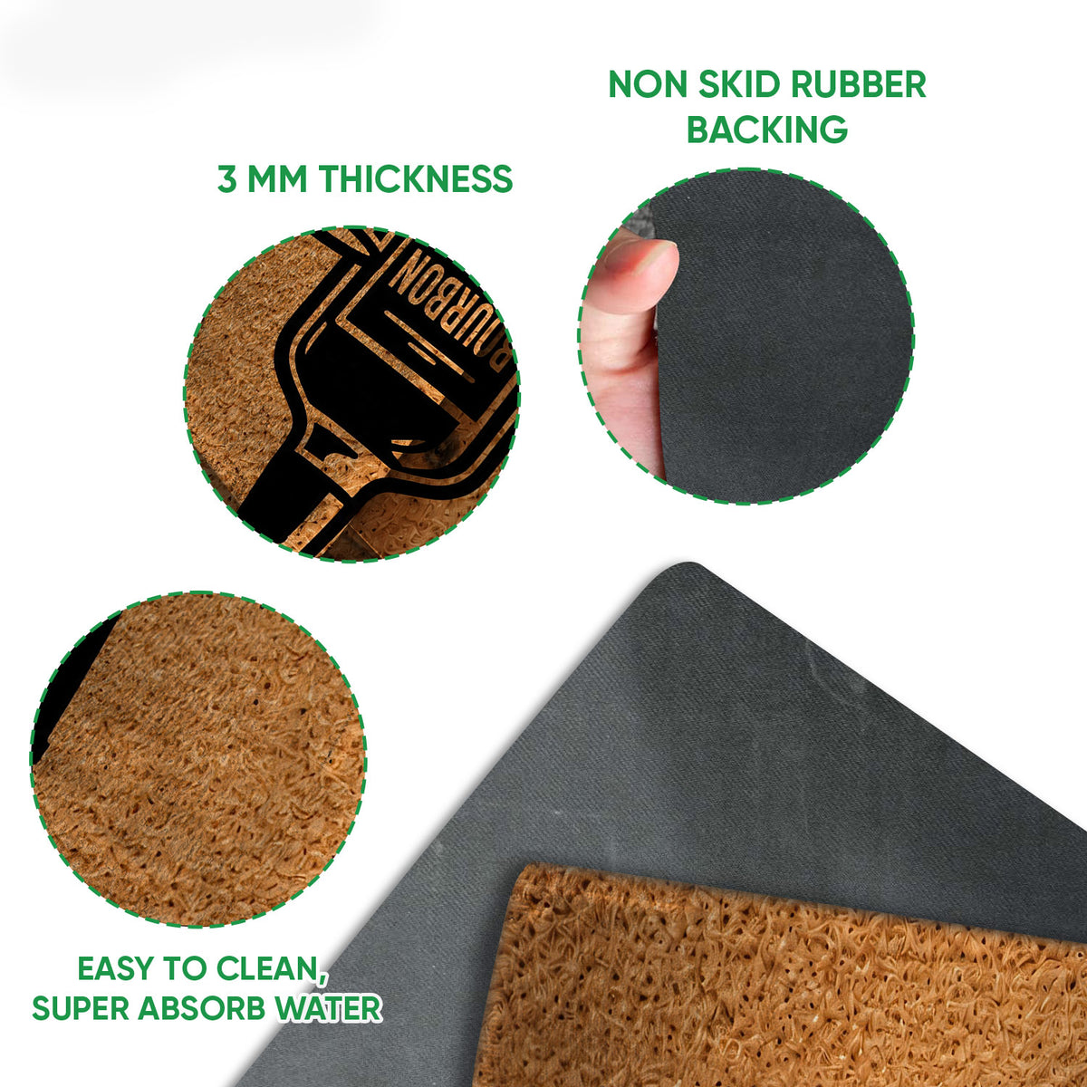 Close-up feature view showing the bourbon doormat surface, rubber backing, and rounded edge detail