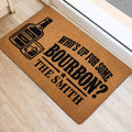 Bourbon bottle and whiskey glass entryway mat displayed near a modern doorway on light flooring