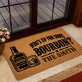 Bourbon-themed door mat presented in a home entrance with glass doors, flowers, and warm decor