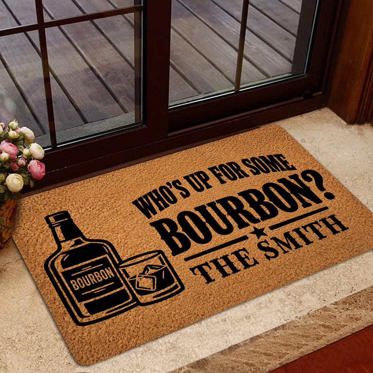 Bourbon-themed door mat presented in a home entrance with glass doors, flowers, and warm decor