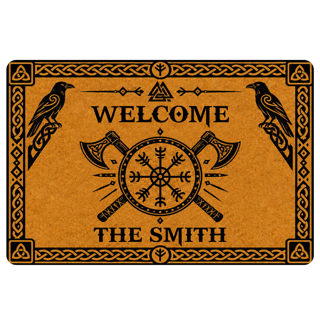 Viking doormat with ravens, crossed axes, Norse compass symbol, knotwork border, and welcome design