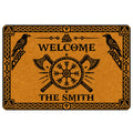 Viking doormat with ravens, crossed axes, Norse compass symbol, knotwork border, and welcome design