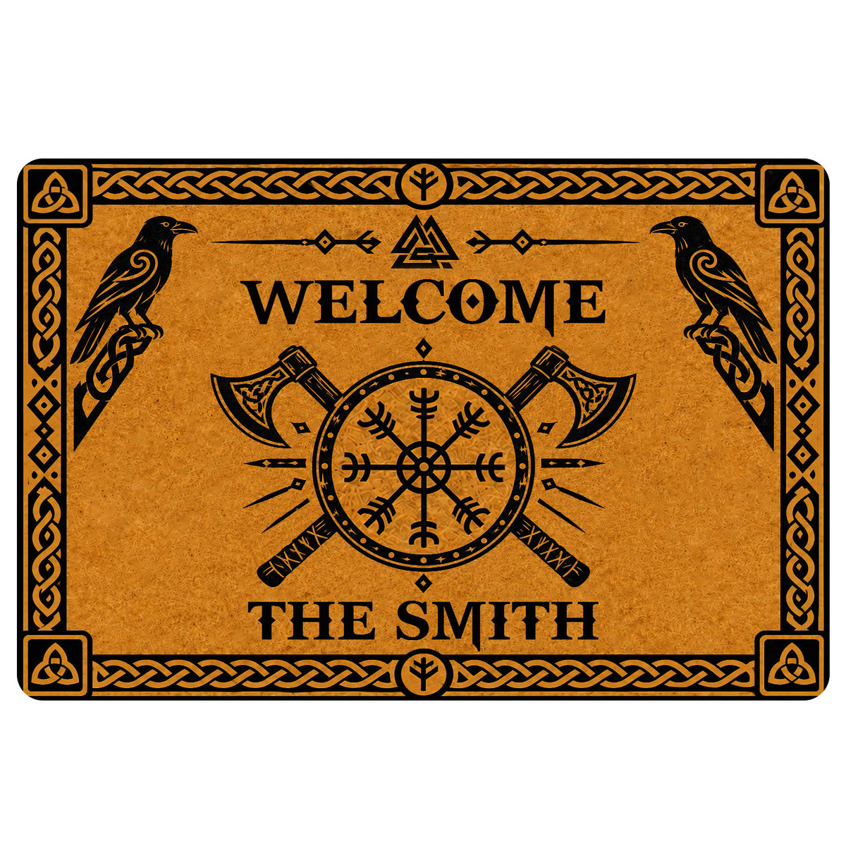 Viking doormat with ravens, crossed axes, Norse compass symbol, knotwork border, and welcome design
