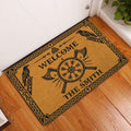Viking welcome doormat displayed at an indoor doorway on a warm wood floor