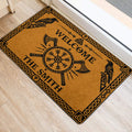 Viking-themed entryway rug with ravens, axes, Norse compass, and decorative knotwork border