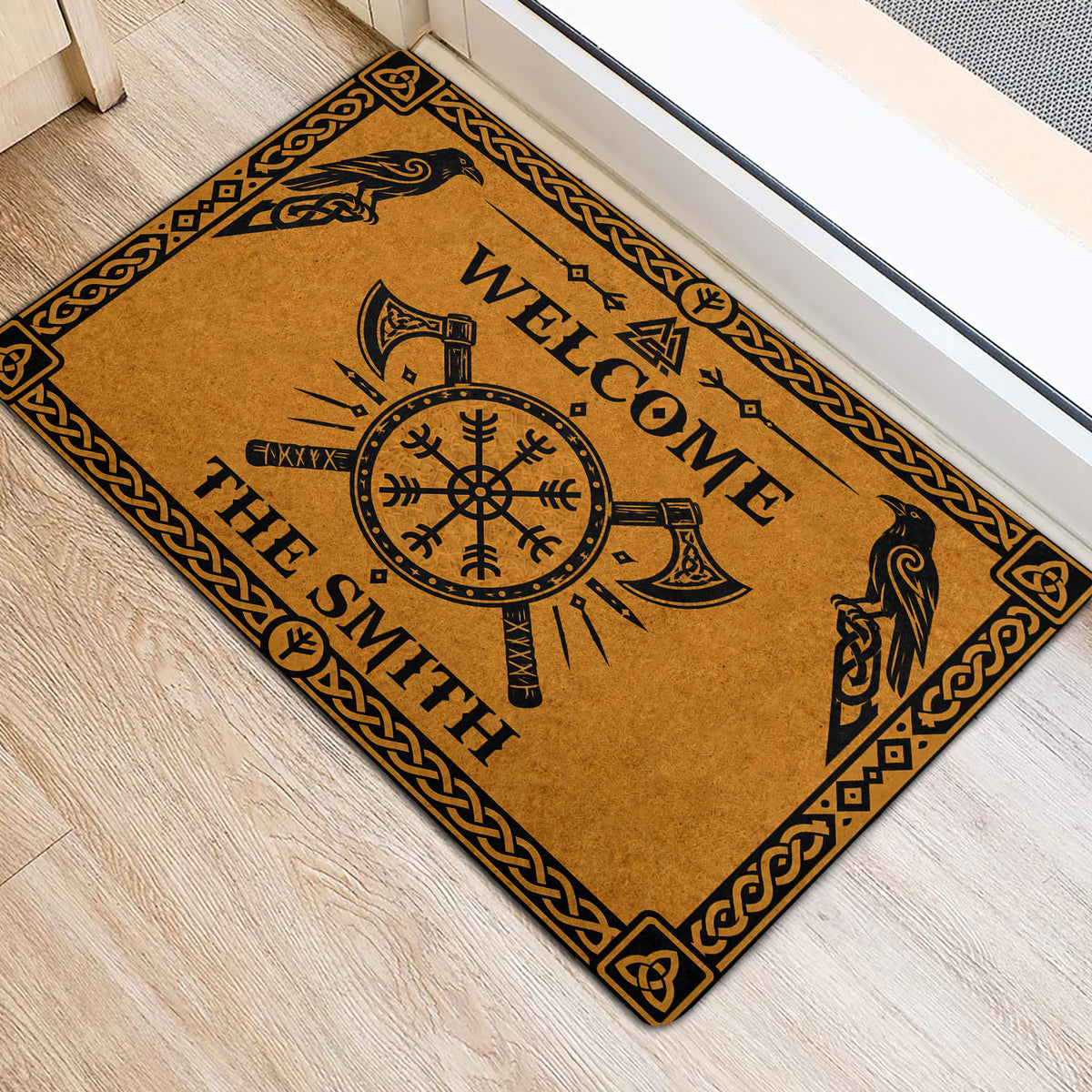 Viking-themed entryway rug with ravens, axes, Norse compass, and decorative knotwork border