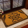 Viking doormat styled in a home entrance beside a glass door with a Norse-inspired design