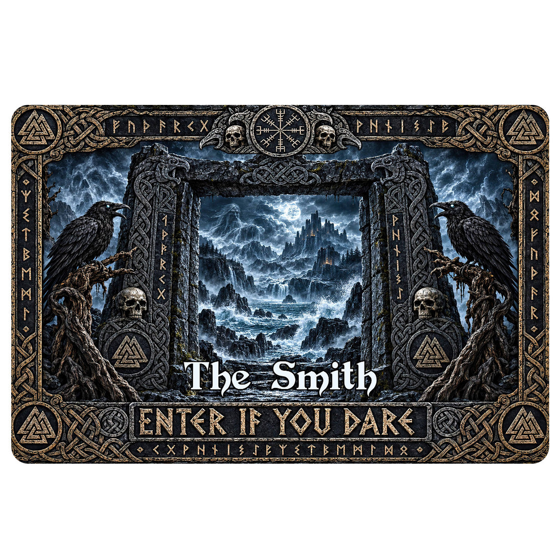 Viking doormat with ravens, knotwork, skulls, runic-style border, and a dramatic Nordic mountain scene