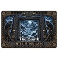 Viking doormat with ravens, knotwork, skulls, runic-style border, and a dramatic Nordic mountain scene