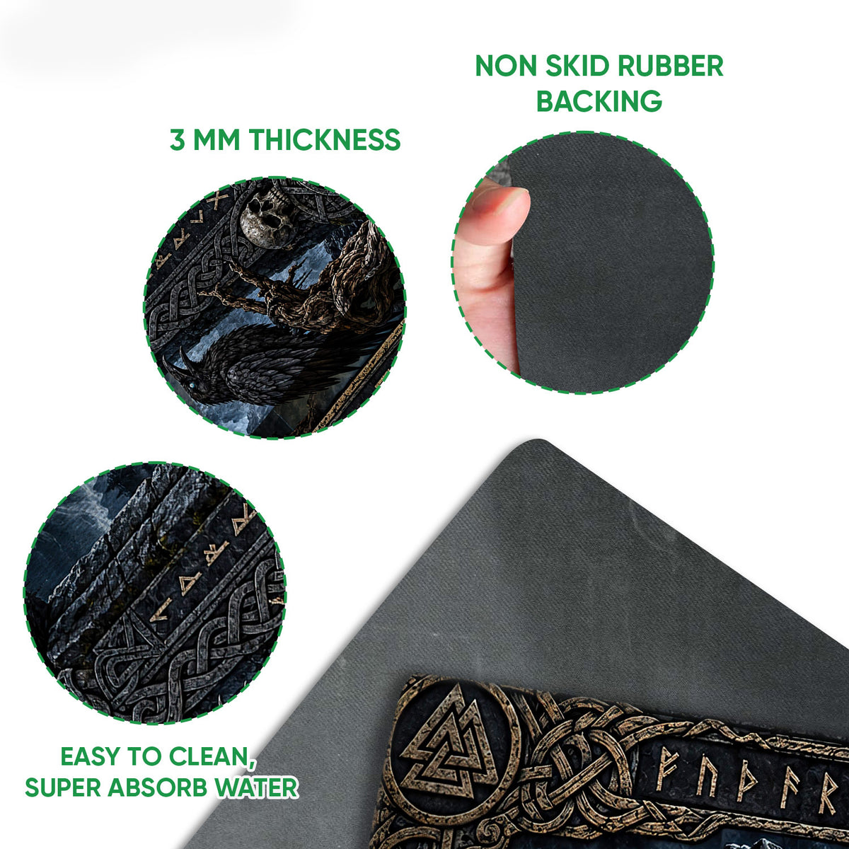 Close-up detail of Viking doormat artwork and dark rubber backing with printed knotwork design