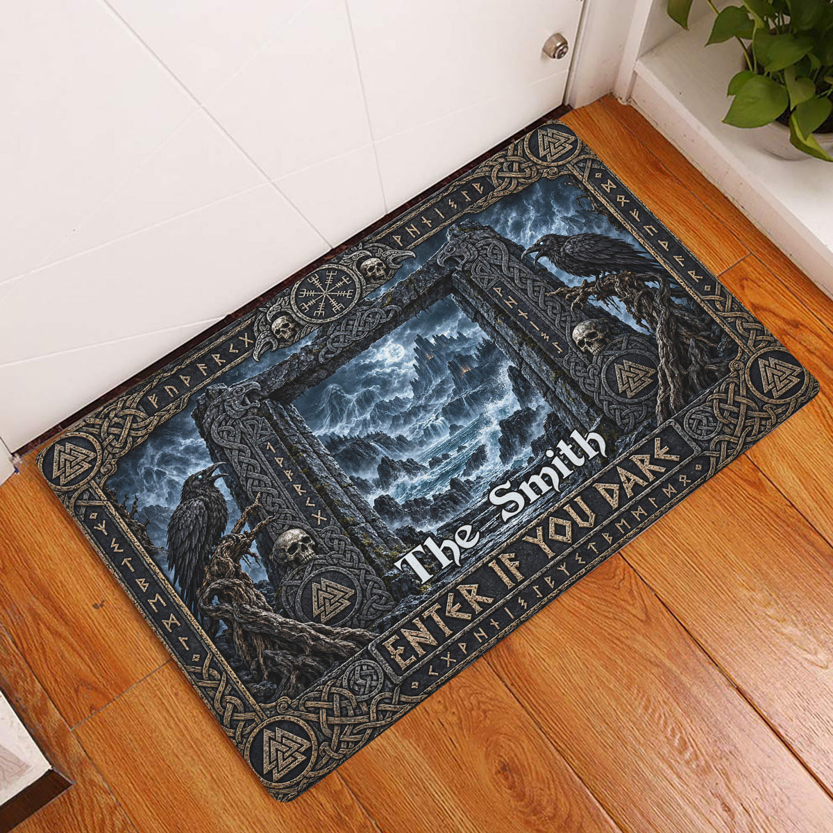 Viking entryway rug displayed beside a door on wood flooring with ravens and Nordic landscape artwork
