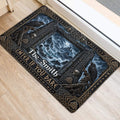 Viking door mat styled at an entrance, featuring ravens, skulls, knotwork, and a stormy Nordic scene