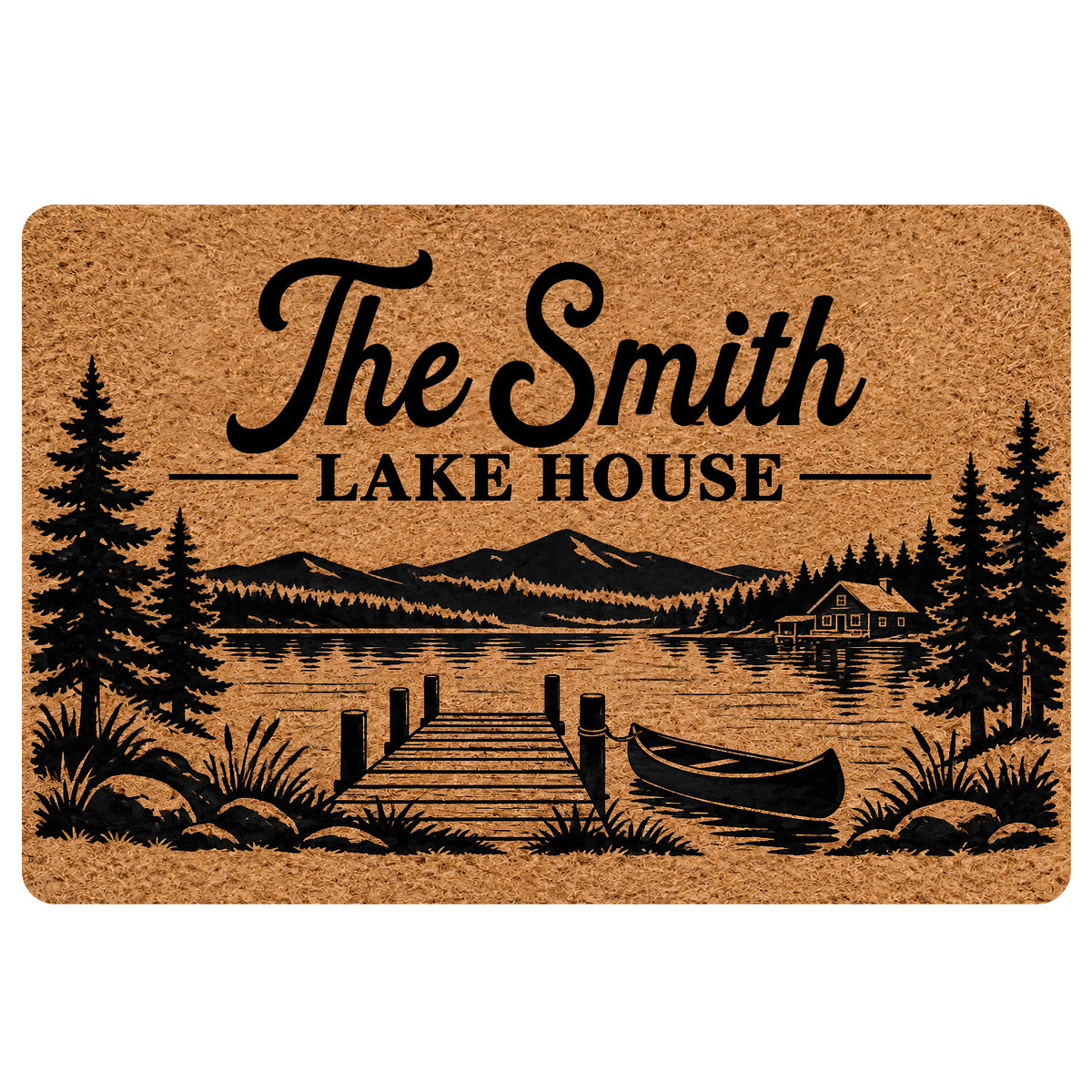 Lake house doormat featuring a mountain lake, pine trees, dock, canoe, and rustic black artwork