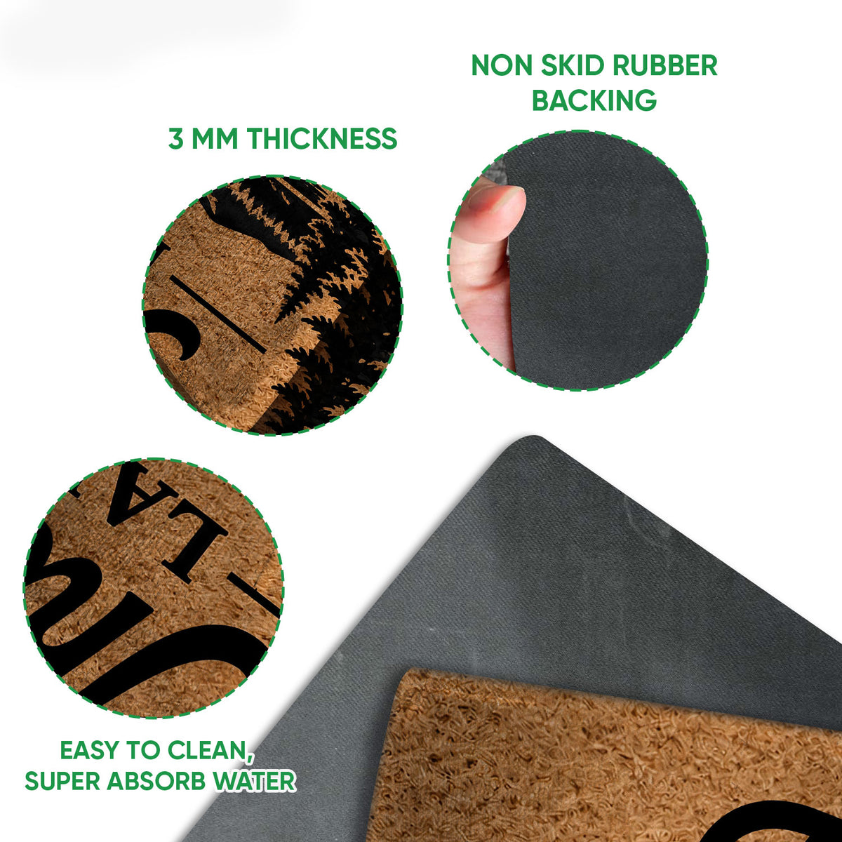 Close-up feature view of the lake house doormat surface and black rubber backing