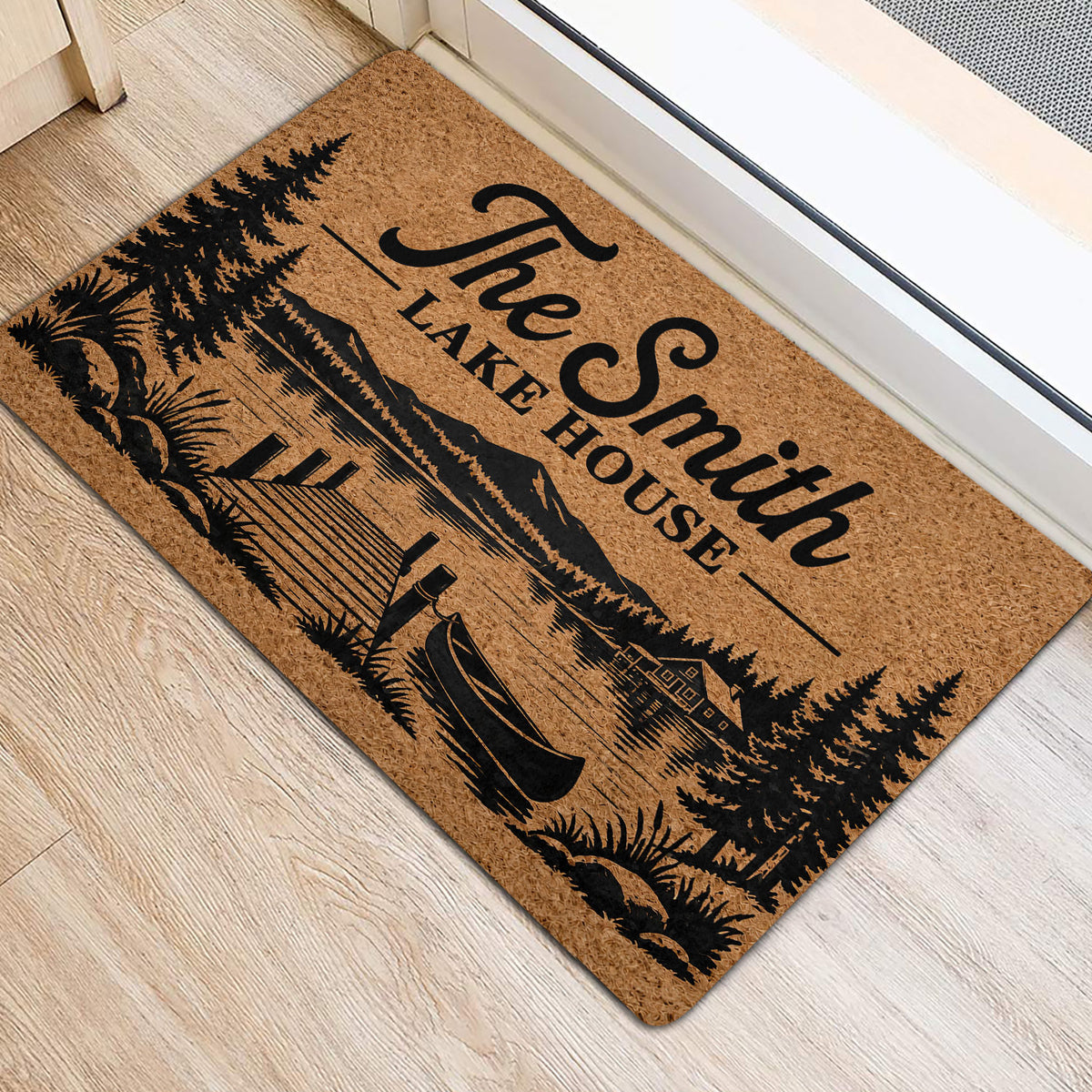 Lake house entryway rug shown beside a door with rustic mountain and lakeside scenery