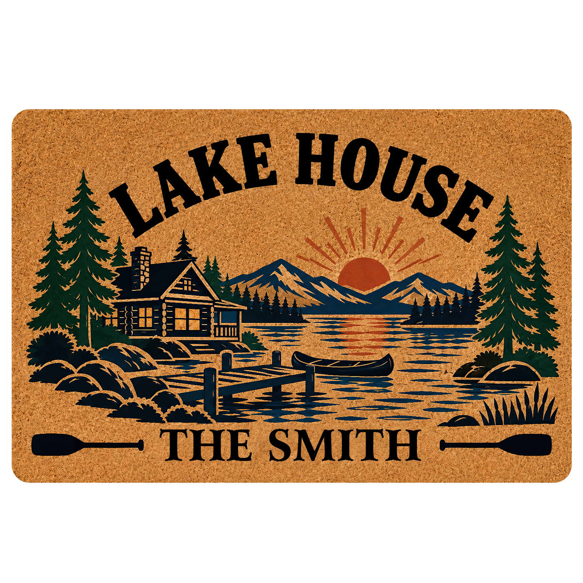 Lake house doormat featuring a cabin, mountain lake, canoe, evergreen trees and paddle artwork