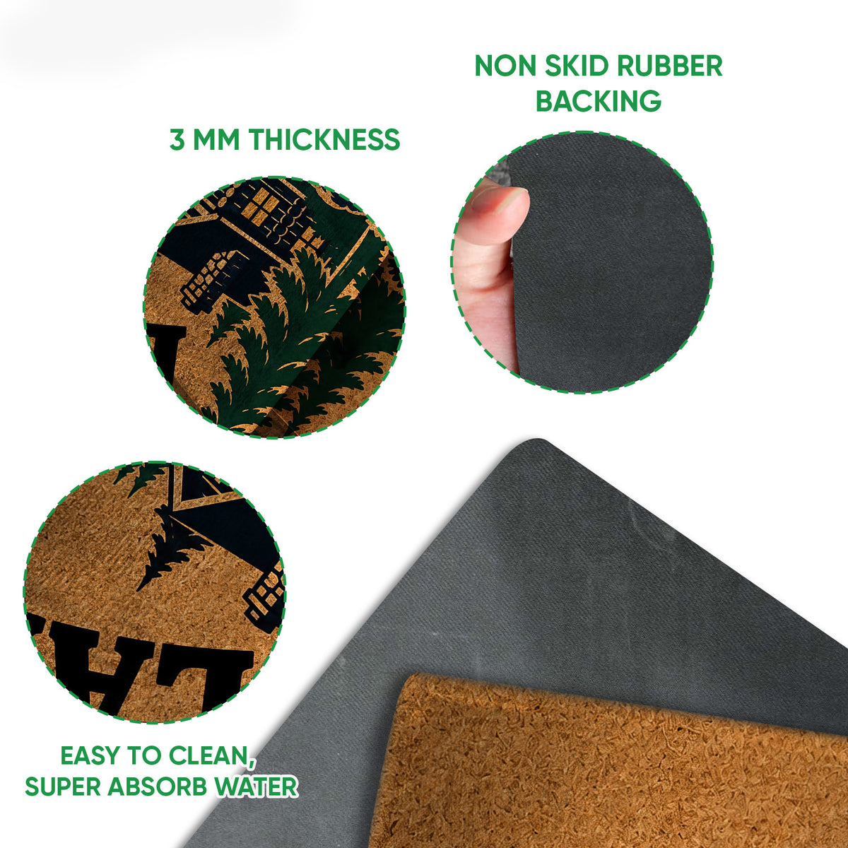 Close-up detail of the lake house doormat showing the printed surface and dark rubber backing