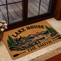 Lake house doormat styled by a glass door with a cabin, lake and mountain landscape design