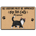 Illustrated black-and-white tuxedo cat doormat with paw prints and playful visitor message
