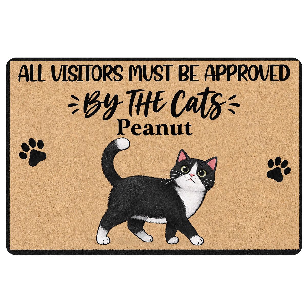 Illustrated black-and-white tuxedo cat doormat with paw prints and playful visitor message