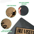 Close-up feature view showing the printed doormat surface and black rubber backing