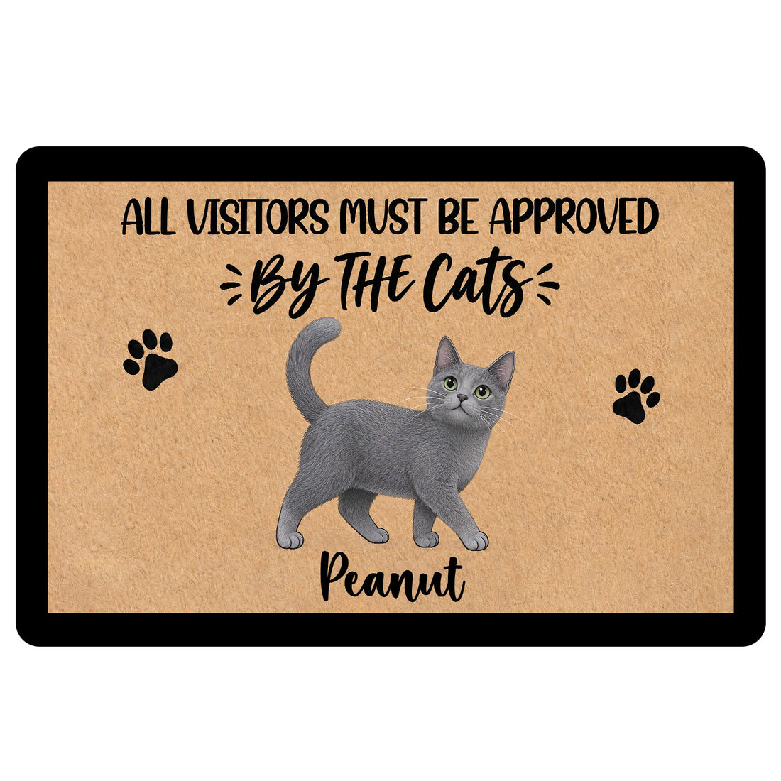 Russian Blue doormat with a gray cat illustration, paw prints, and playful welcome lettering