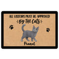 Russian Blue doormat with a gray cat illustration, paw prints, and playful welcome lettering