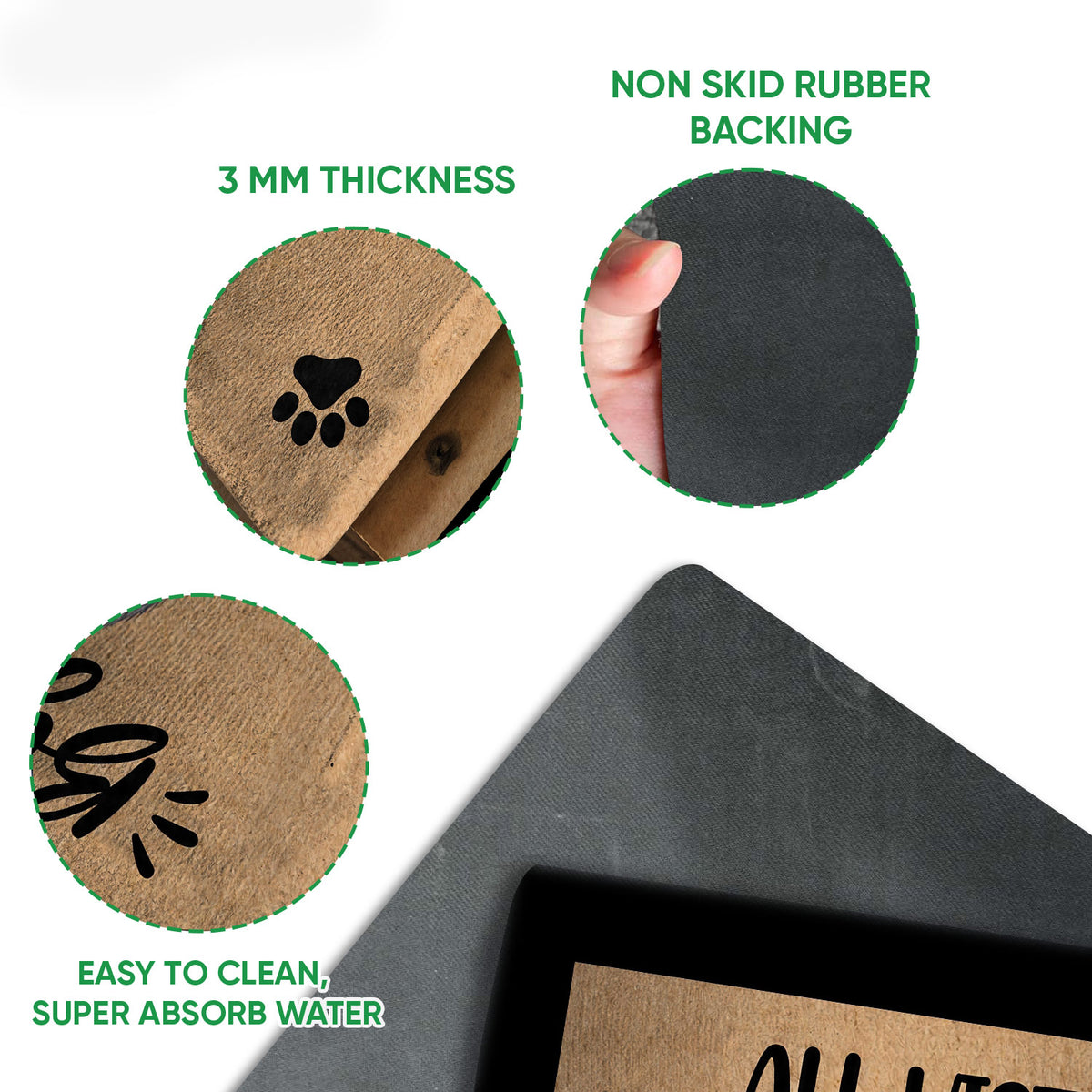 Close-up of the cat doormat showing its printed felt surface, rubber backing, and slim profile
