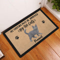Russian Blue cat doormat displayed in an entryway beside a white door and wood flooring