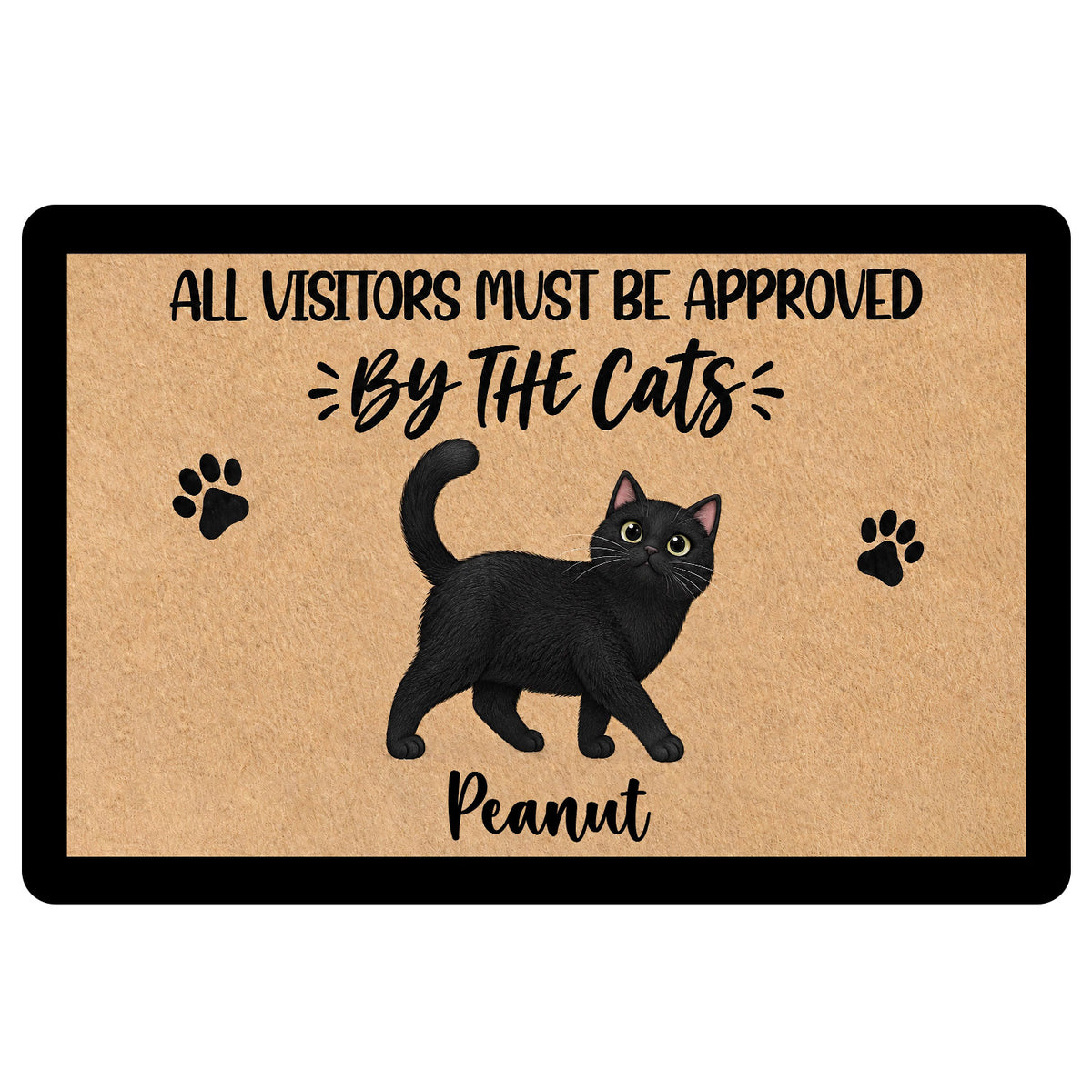 Black cat doormat with paw prints and playful visitor approval message on a tan background
