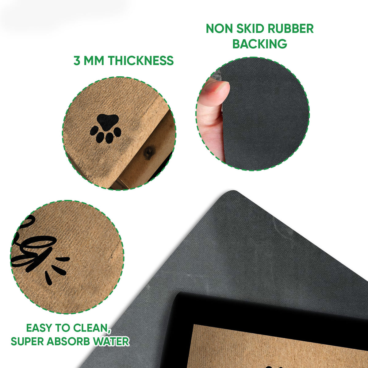 Close-up view of the doormat surface, edge thickness, and black rubber backing