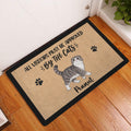 Scottish Fold cat entryway doormat displayed beside a white door on a wooden floor