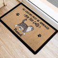 Scottish Fold cat door mat placed near a doorway with tan artwork and black border